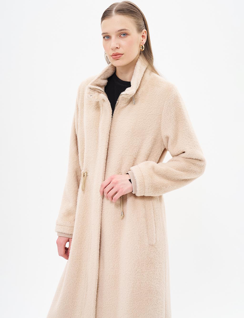 Waist Gathered High Collar Coat Cream 