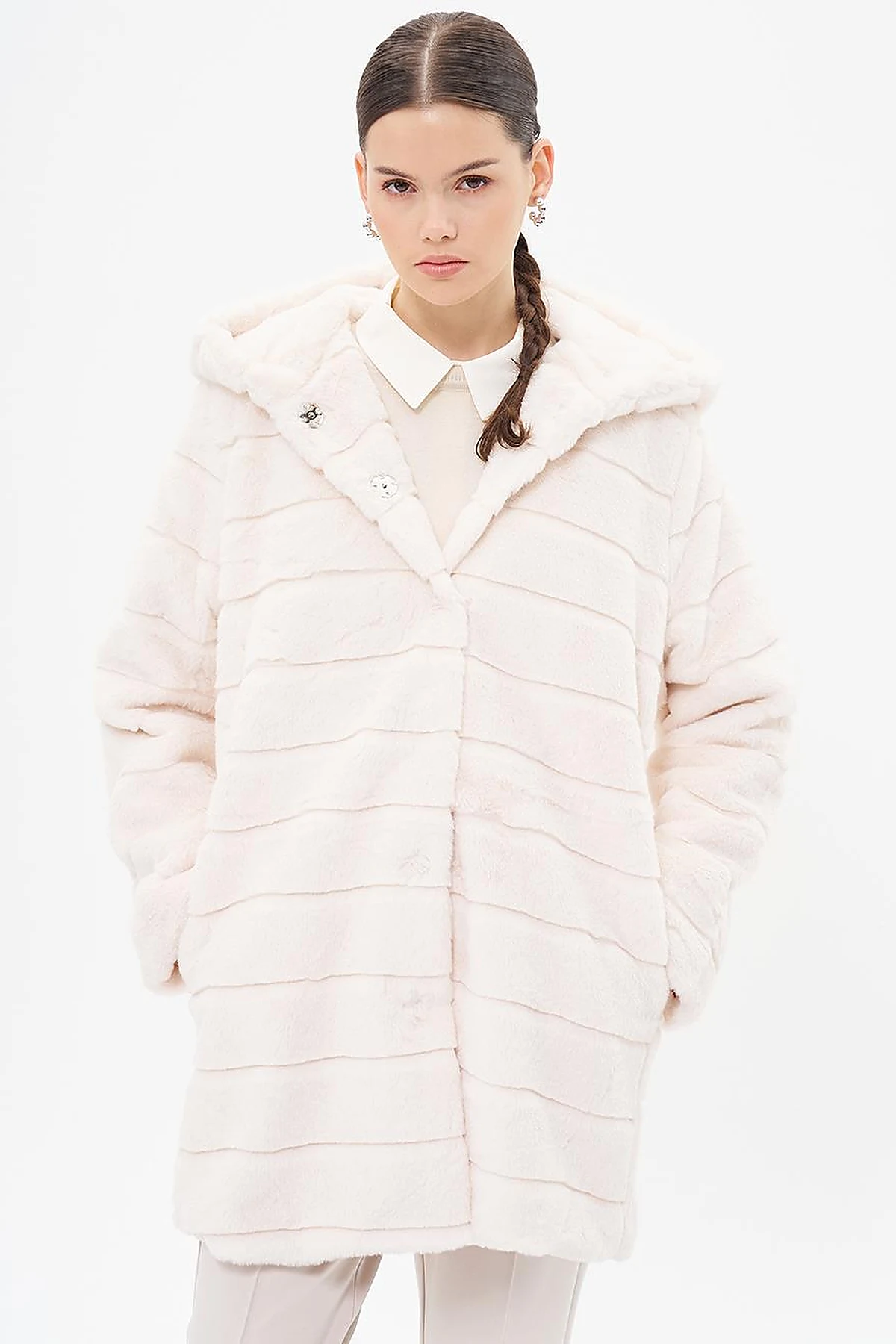 Hooded Plush Coat Ecru
