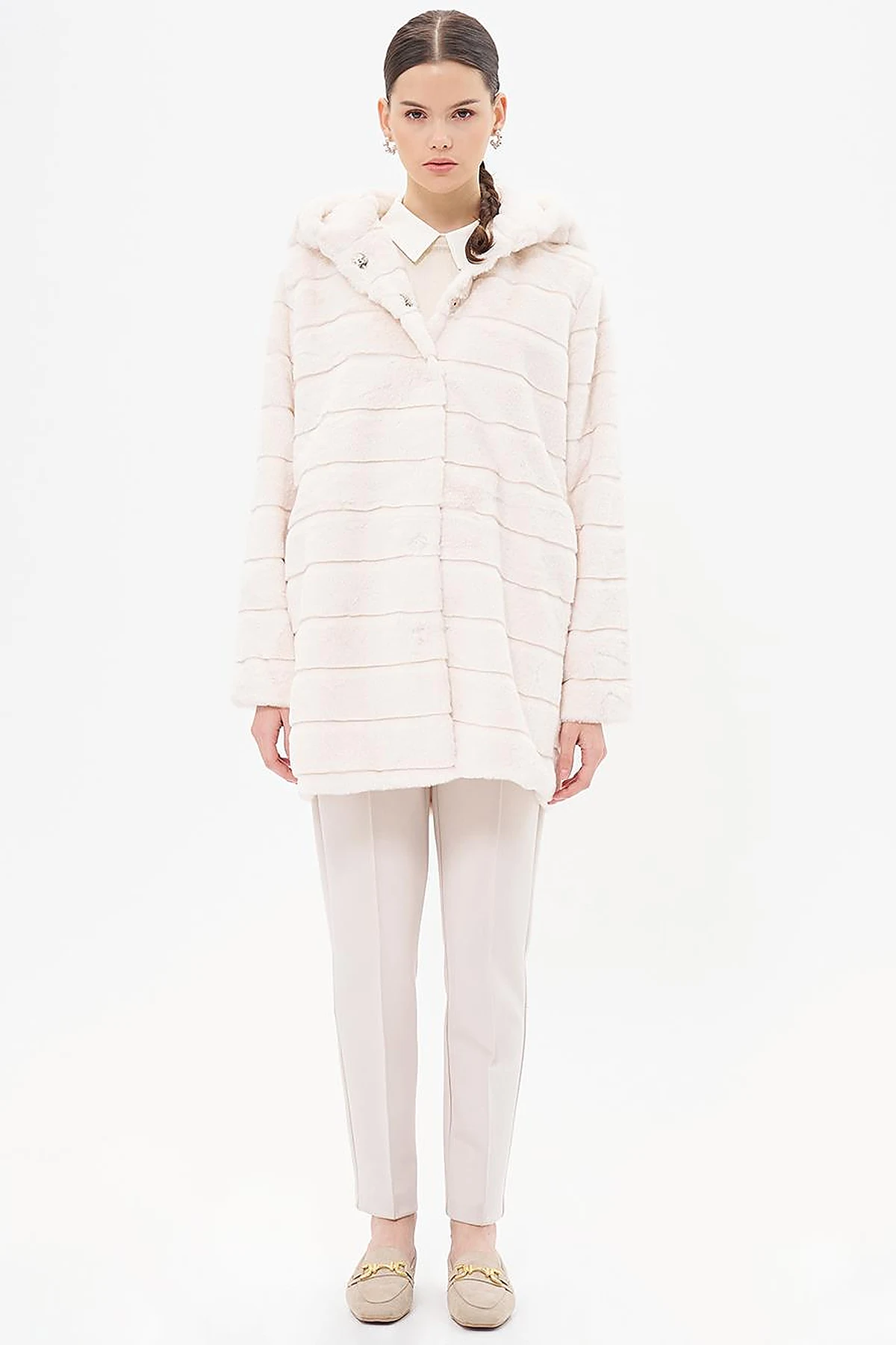 Hooded Plush Coat Ecru