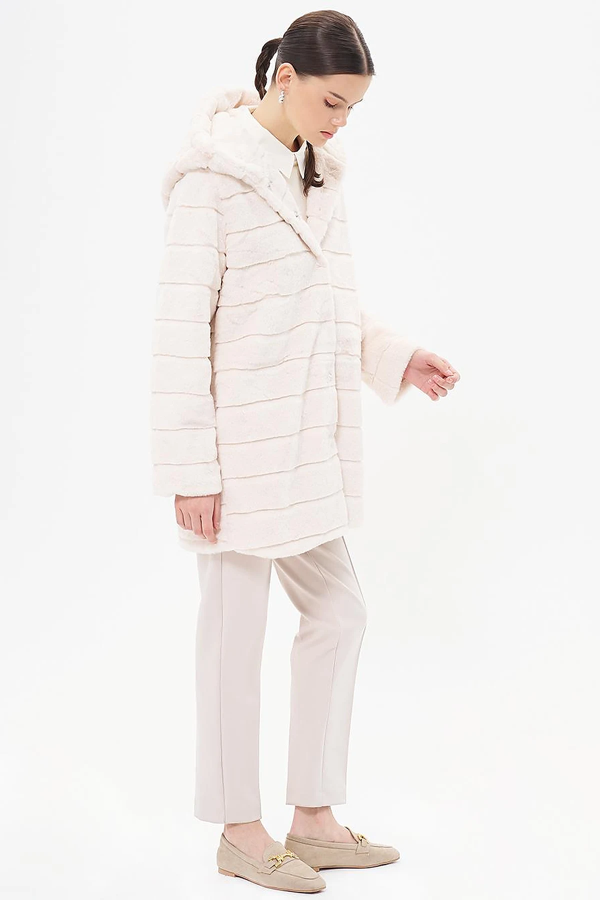 Hooded Plush Coat Ecru