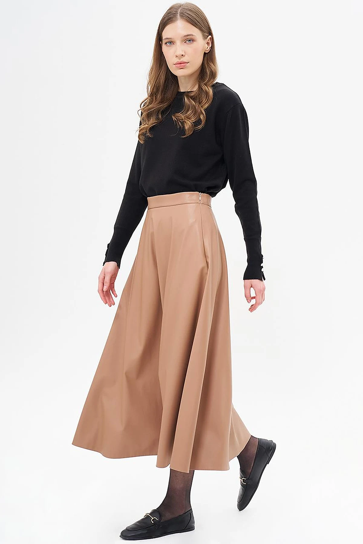High Waist Faux Leather Skirt Beige