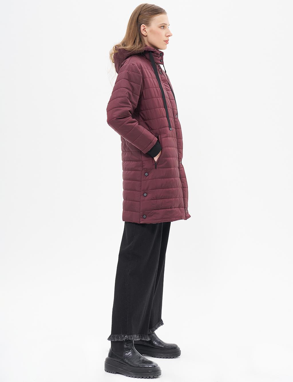 High Collar Hooded Quilted Coat Plum