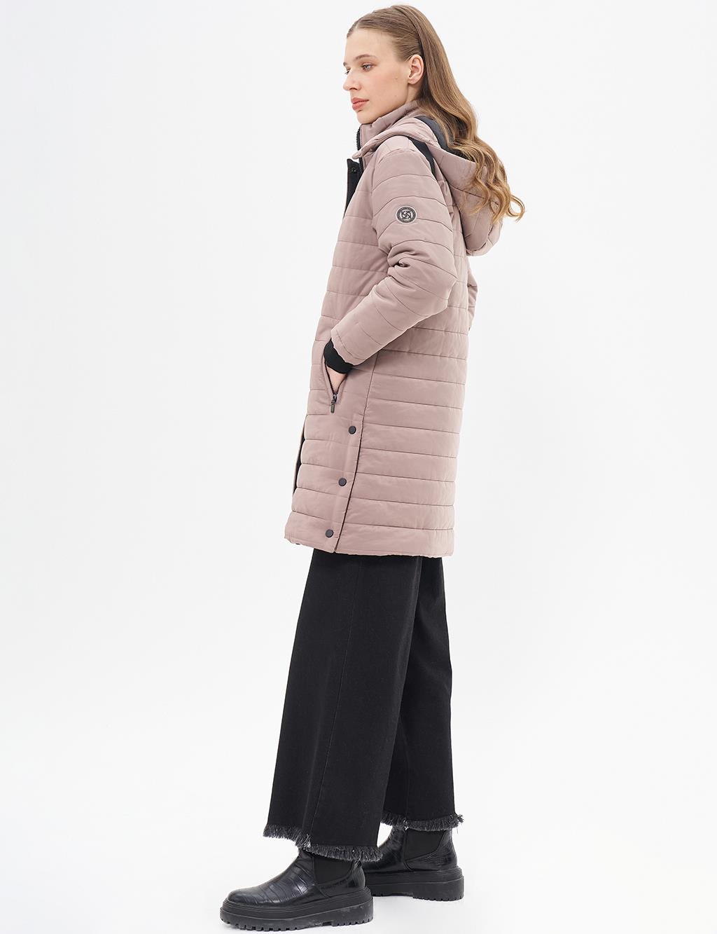 High Collar Hooded Quilted Anorak Coat Mink