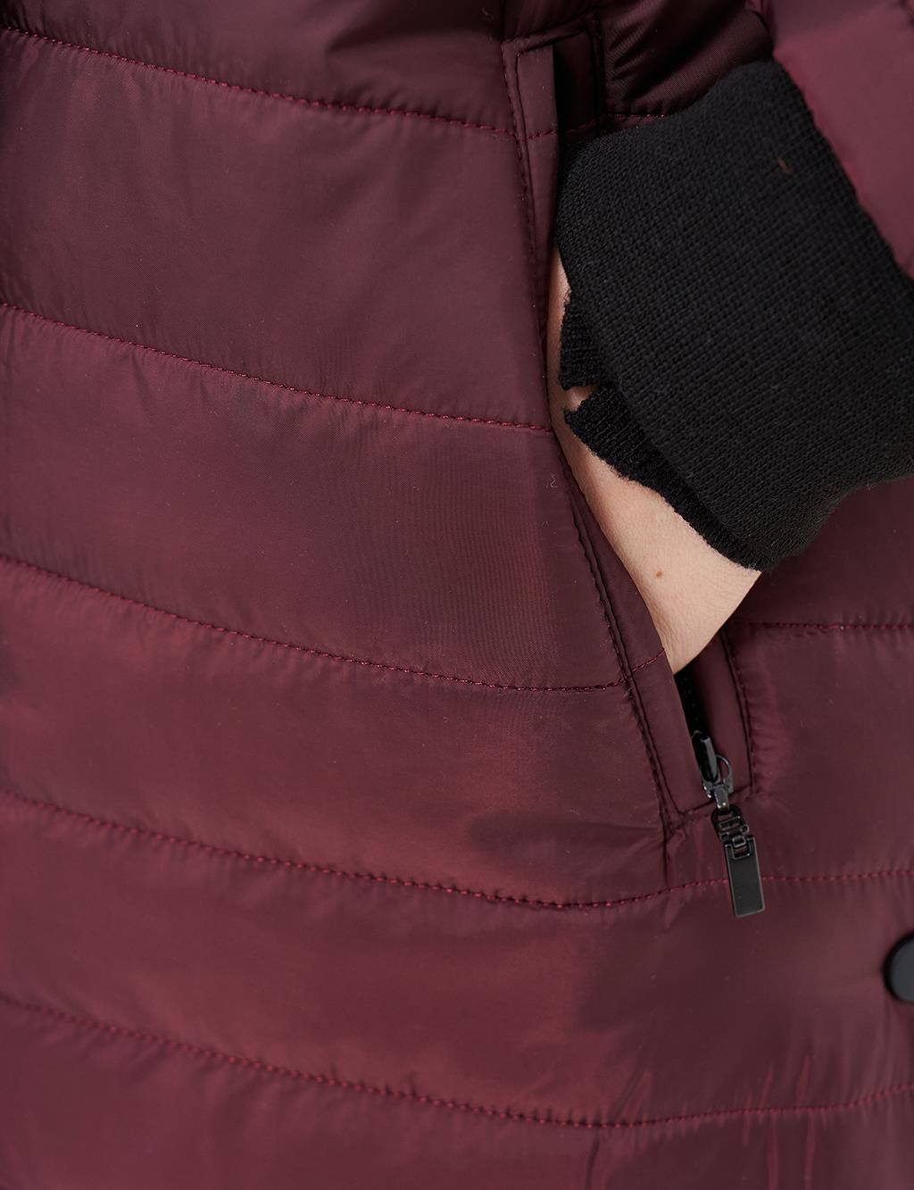 High Collar Hooded Quilted Coat Plum