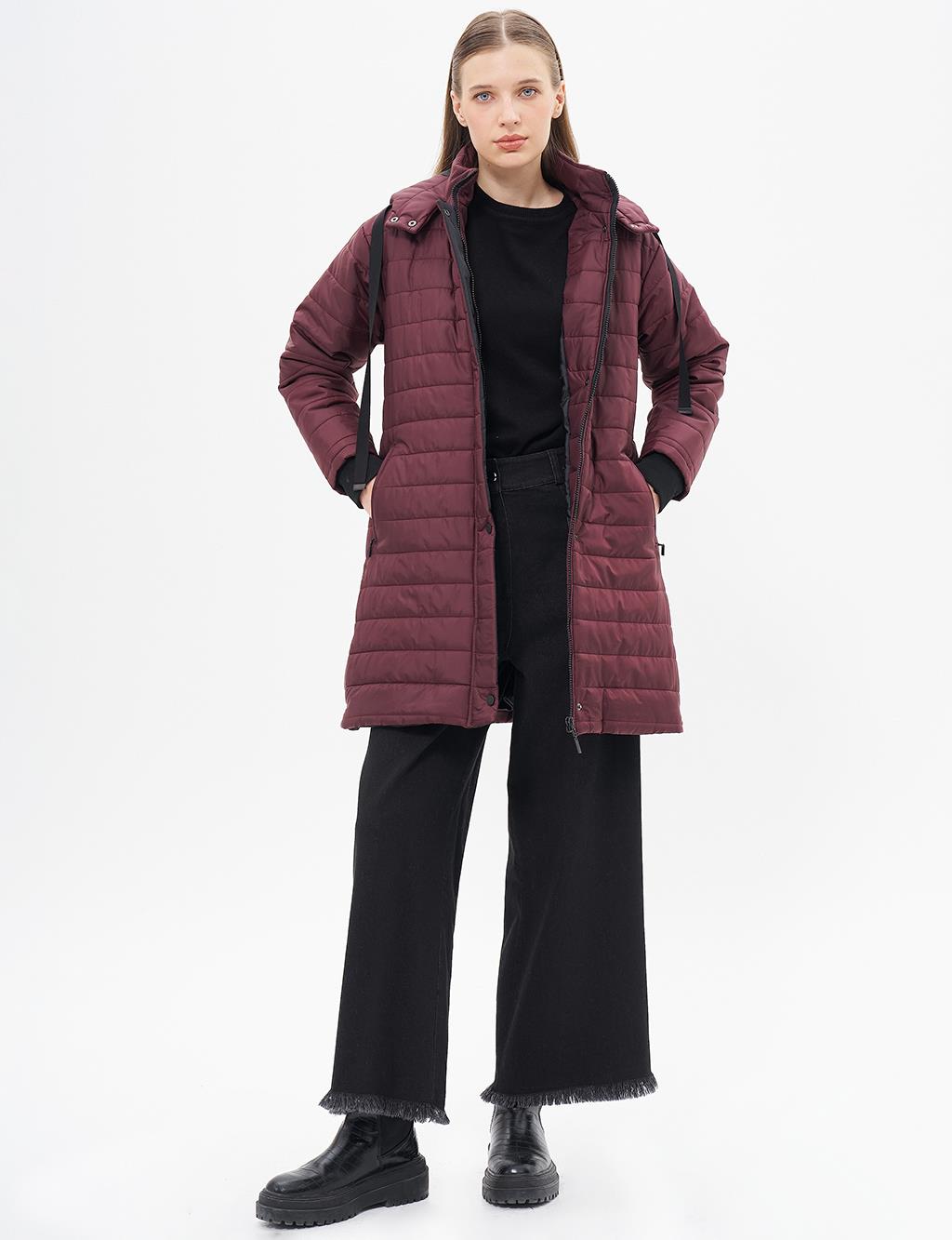 High Collar Hooded Quilted Coat Plum