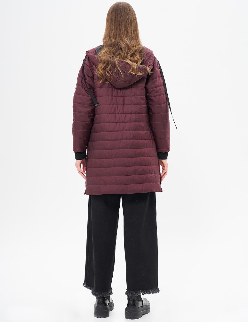 High Collar Hooded Quilted Coat Plum