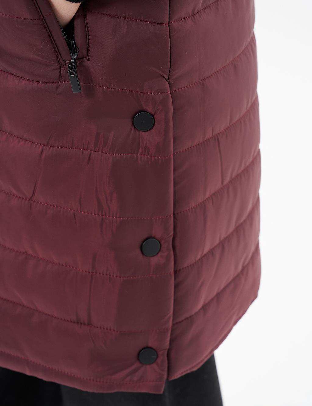 High Collar Hooded Quilted Coat Plum