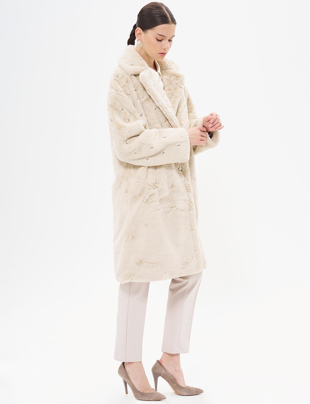 Stone Detailed Plush Coat Ecru 