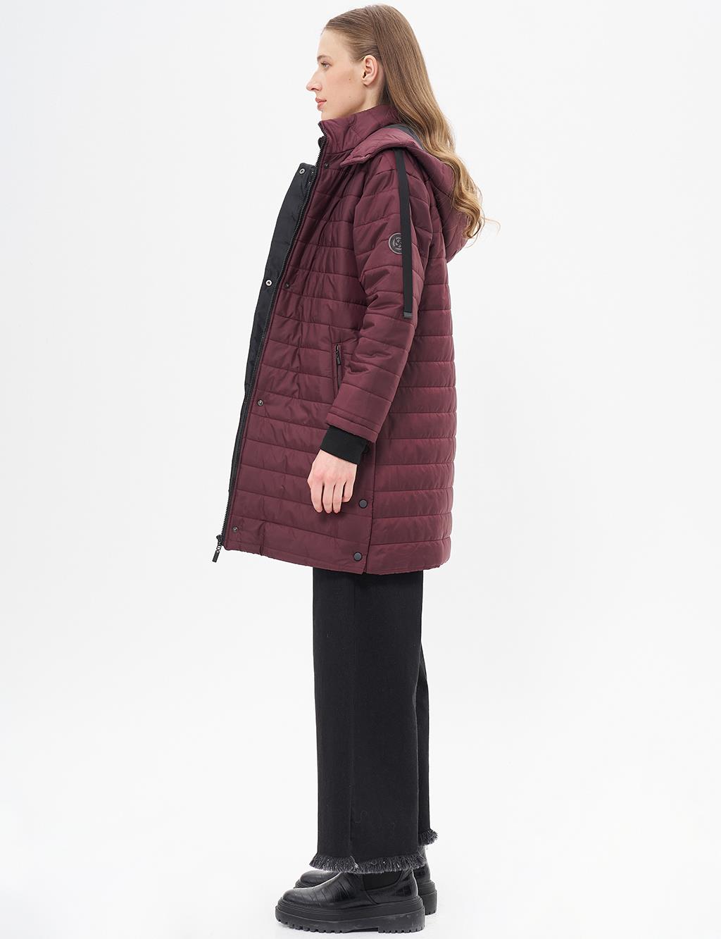 High Collar Hooded Quilted Coat Plum