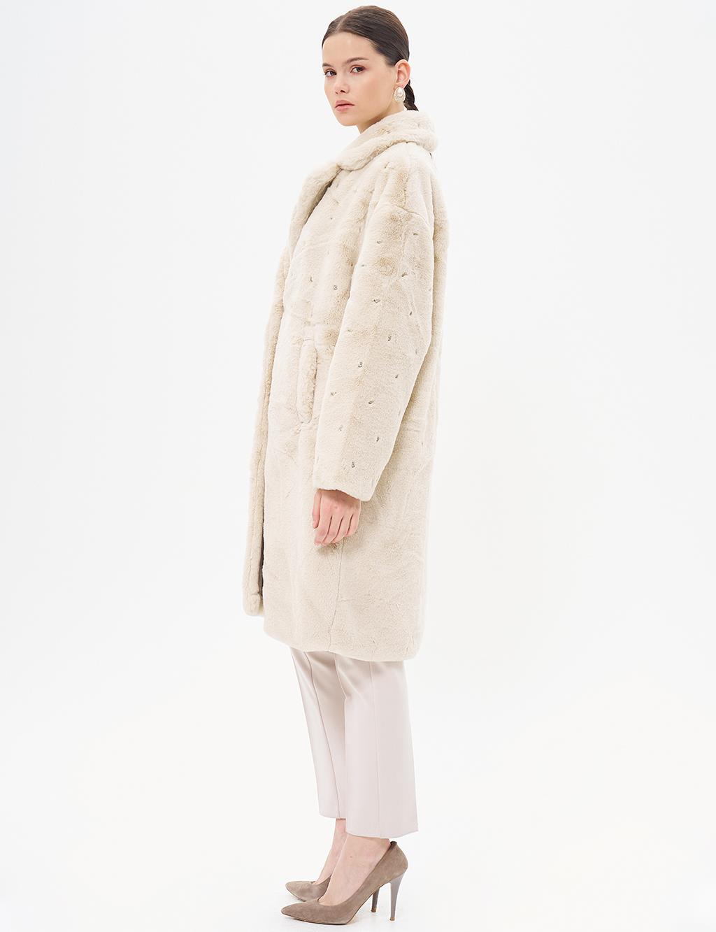 Stone Detailed Plush Coat Ecru 