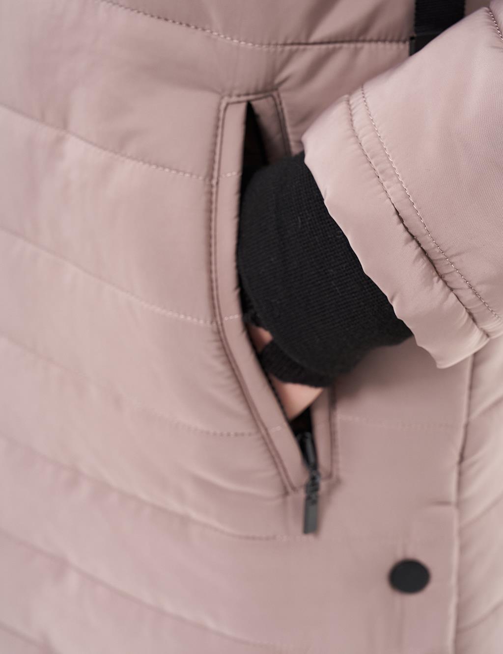 High Collar Hooded Quilted Anorak Coat Mink