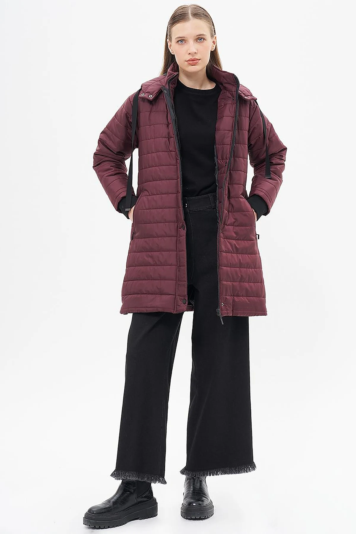 High Collar Hooded Anorak Coat Plum