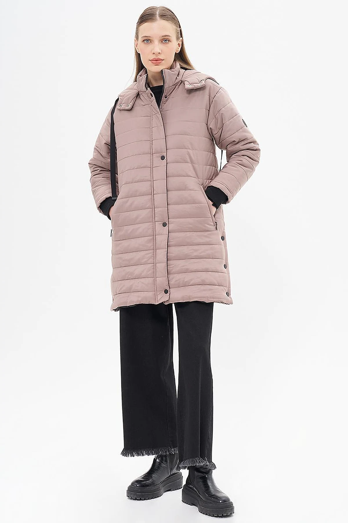High Collar Hooded Quilted Anorak Coat Mink