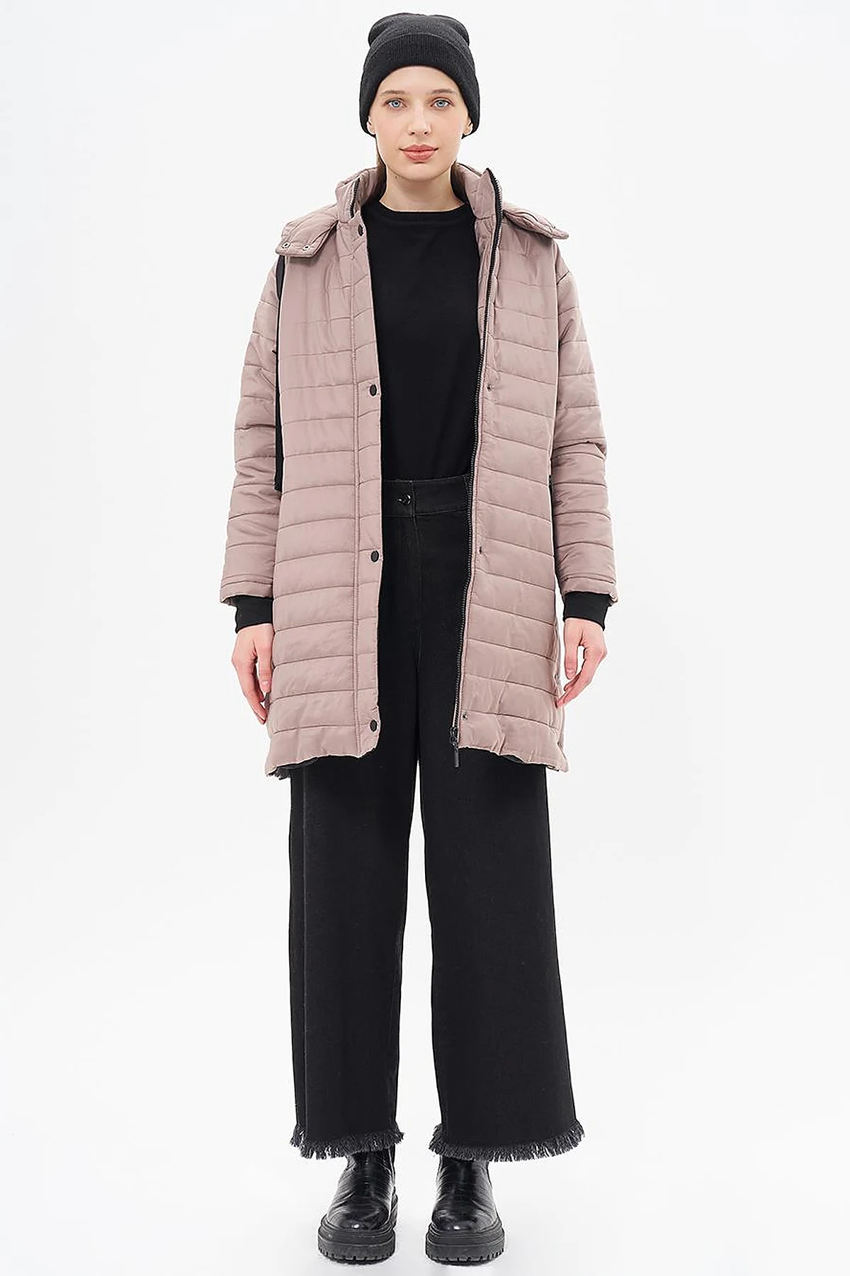 High Collar Hooded Quilted Anorak Coat Mink