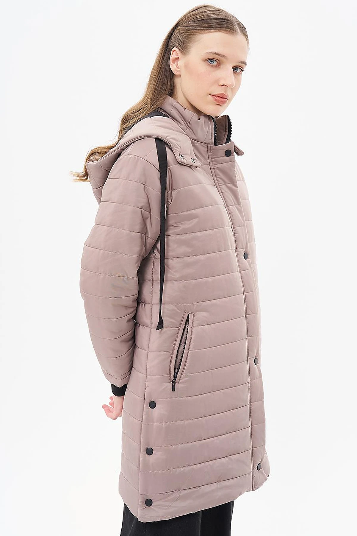 High Collar Hooded Quilted Anorak Coat Mink