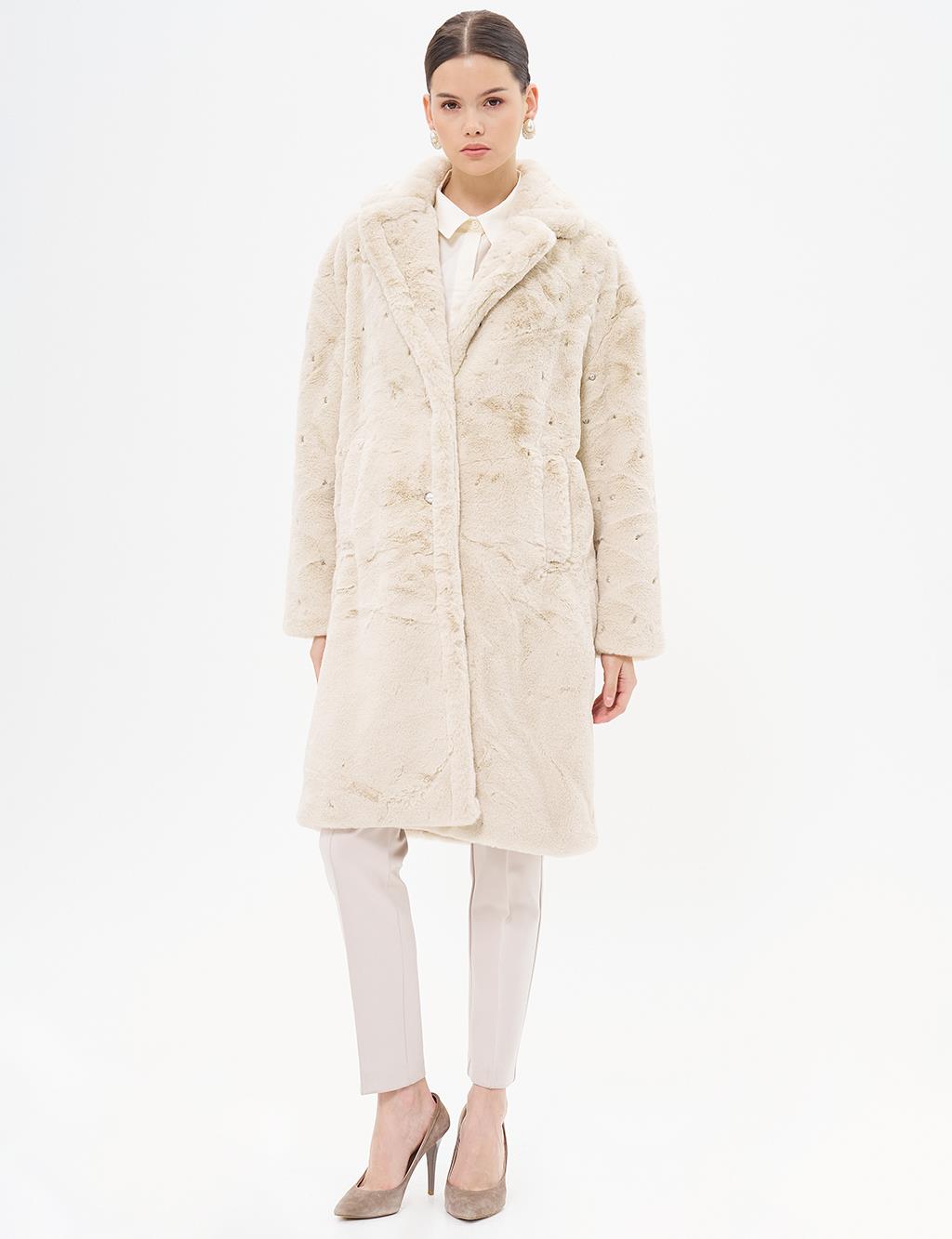 Stone Detailed Plush Coat Ecru 