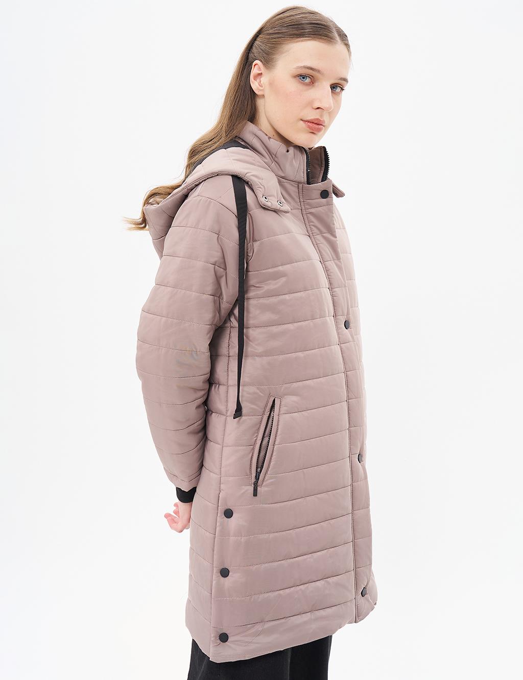 High Collar Hooded Quilted Anorak Coat Mink