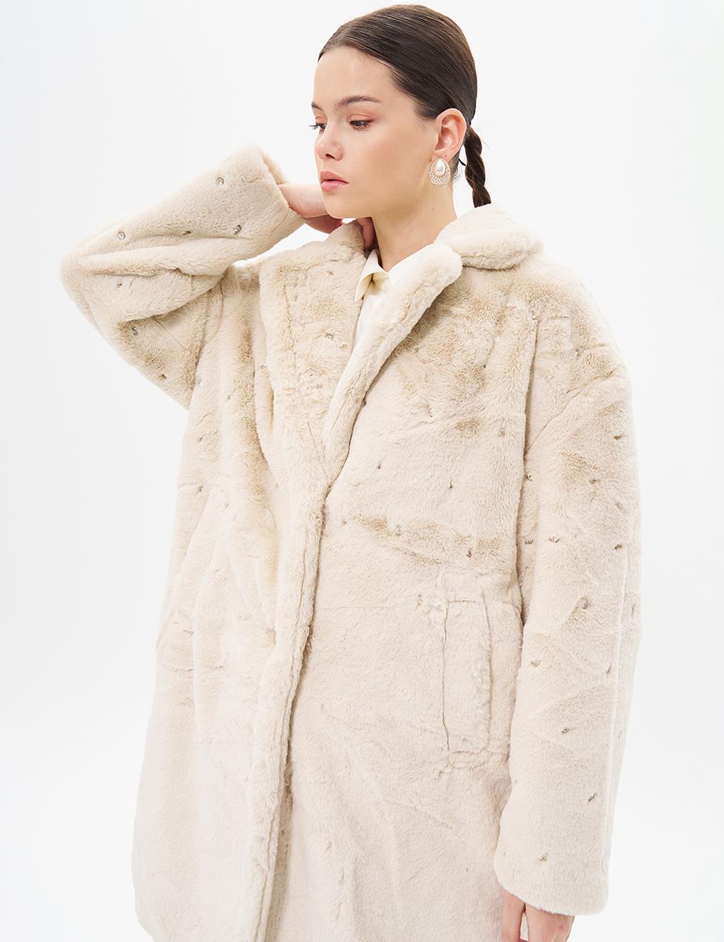 Stone Detailed Plush Coat Ecru 