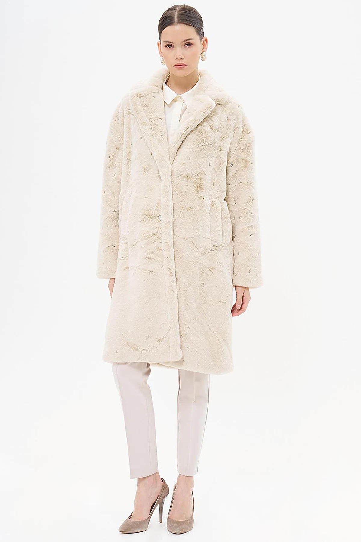 Stone Detailed Plush Coat Ecru 