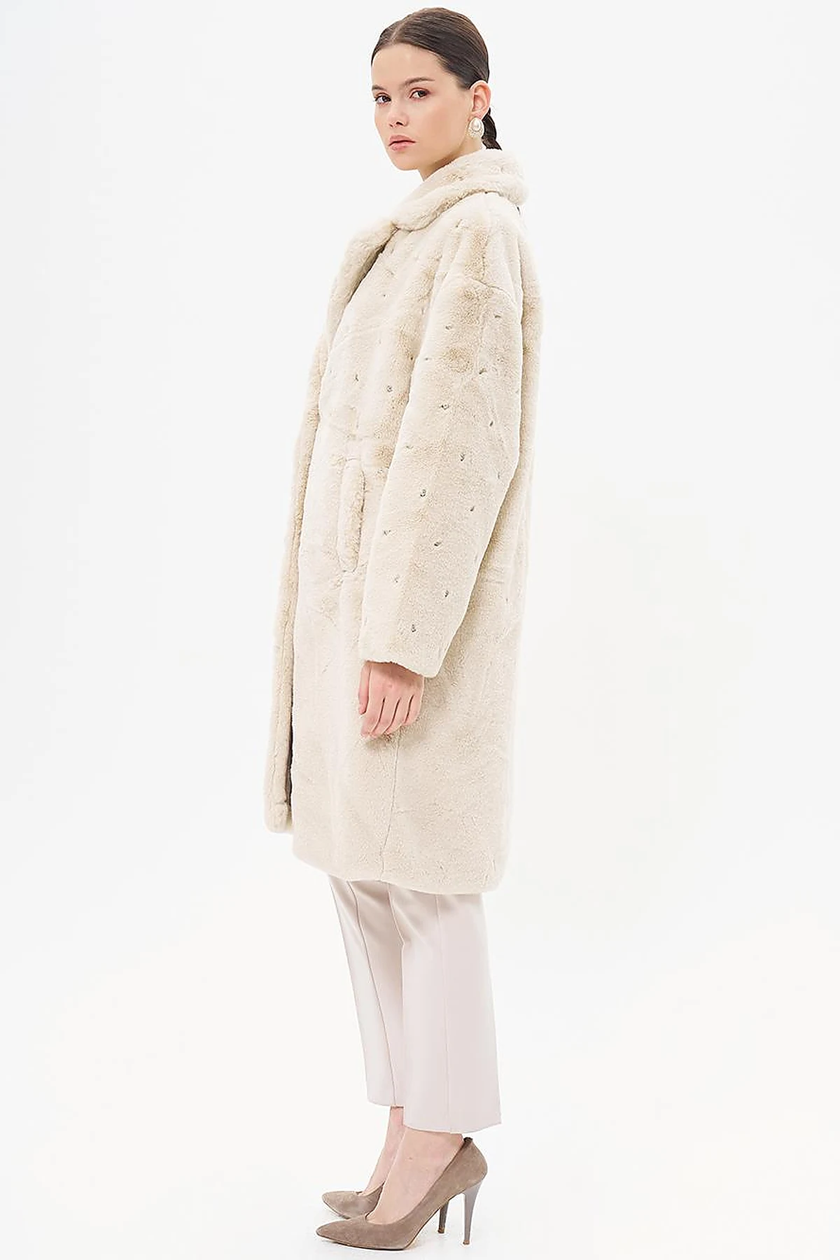 Stone Detailed Plush Coat Ecru 