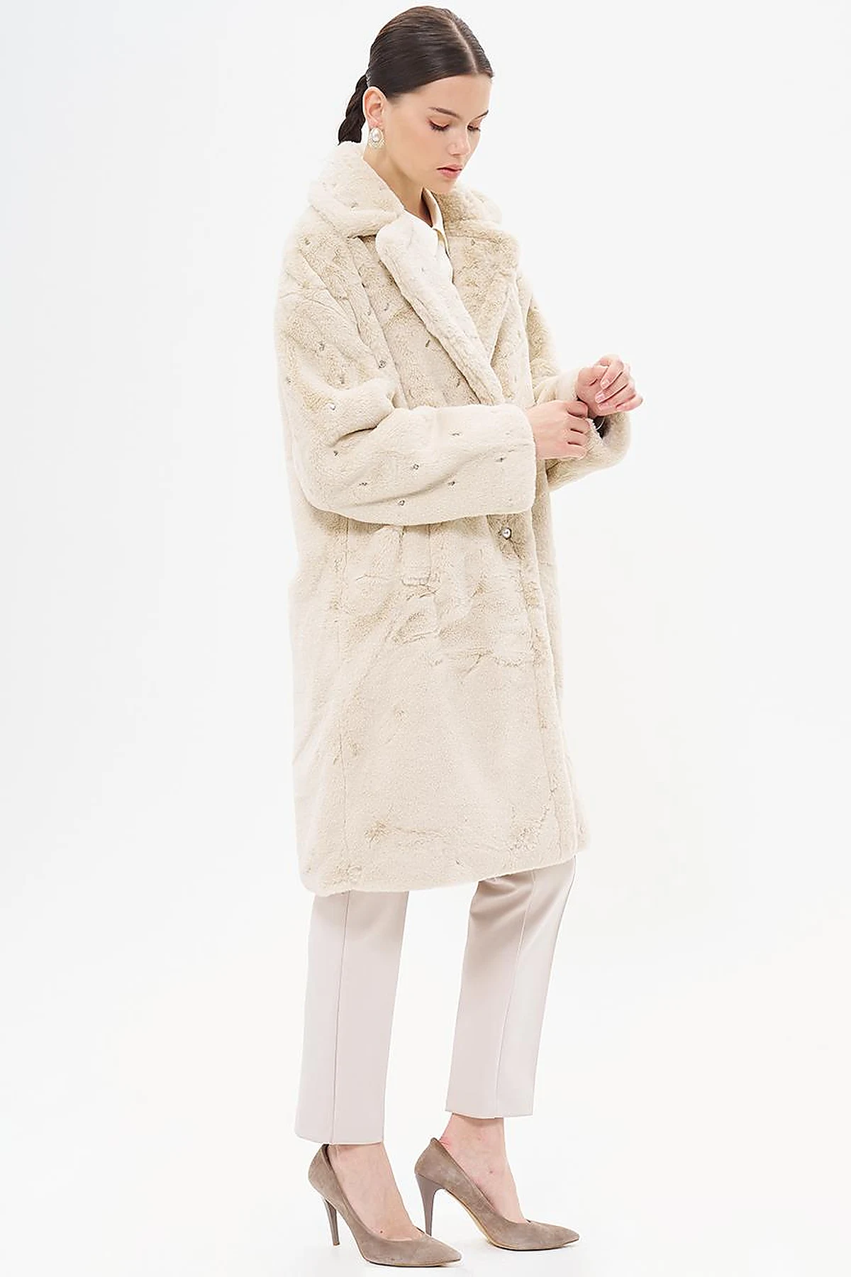 Stone Detailed Plush Coat Ecru 