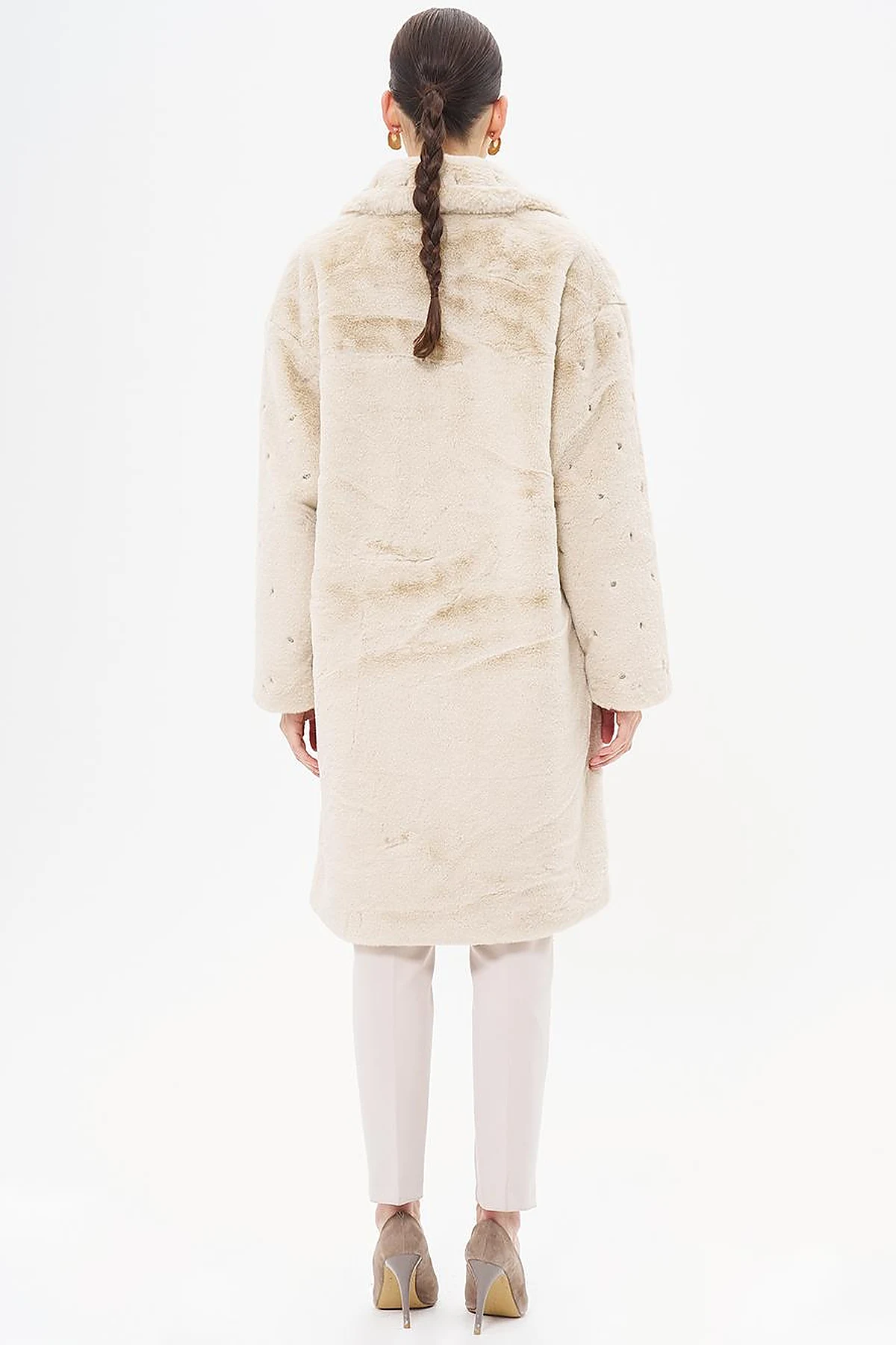 Stone Detailed Plush Coat Ecru 