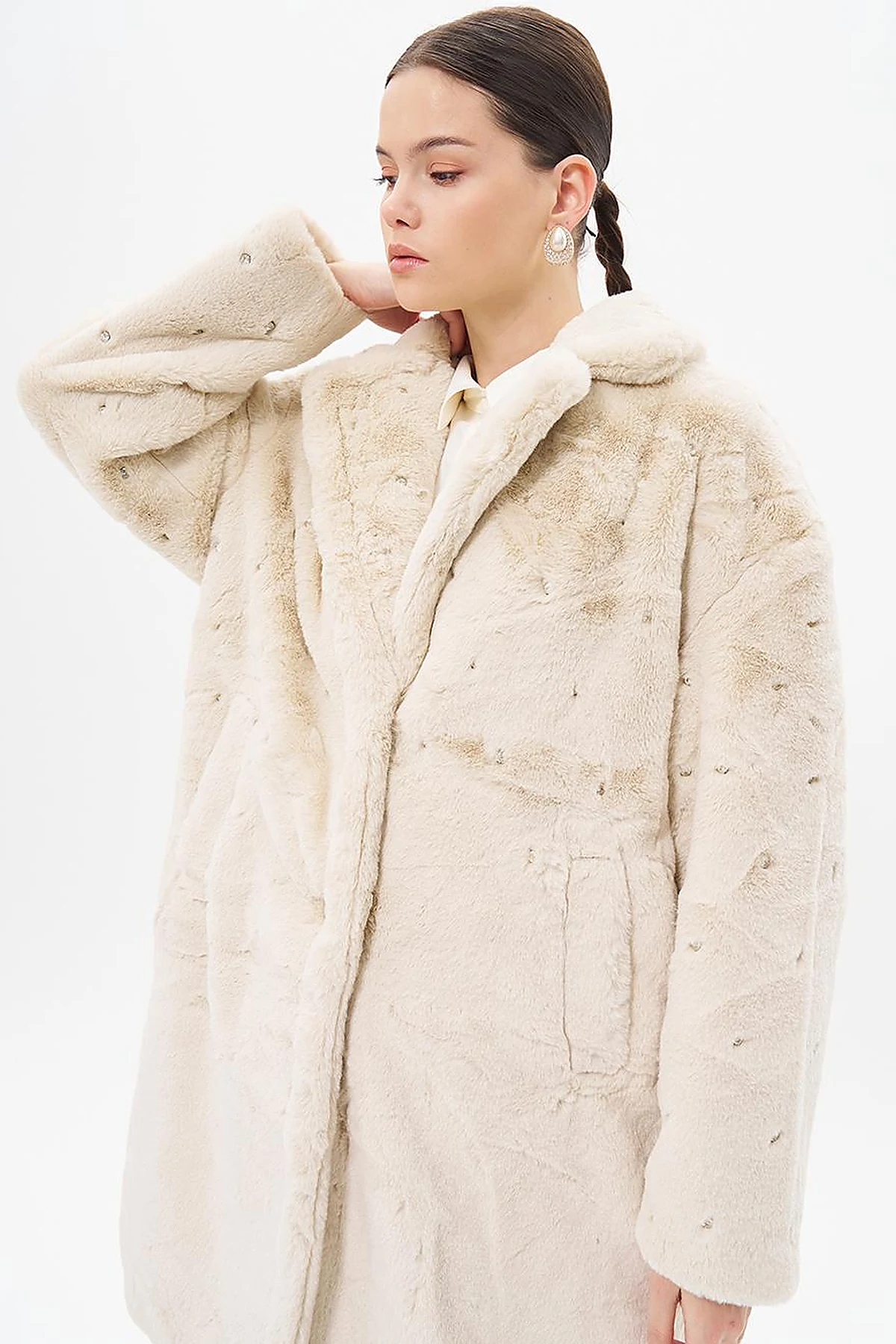 Stone Detailed Plush Coat Ecru 