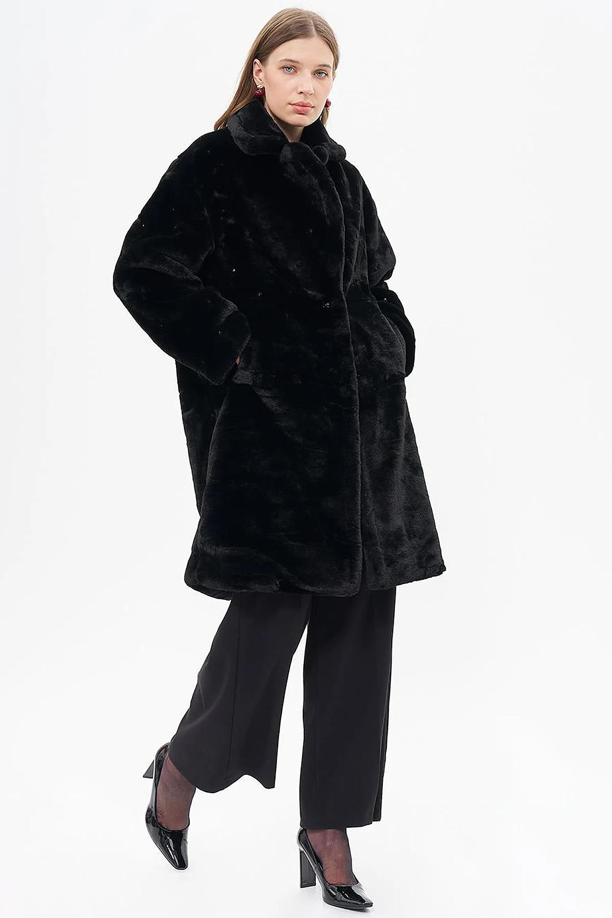Stone Detailed Plush Coat Black 