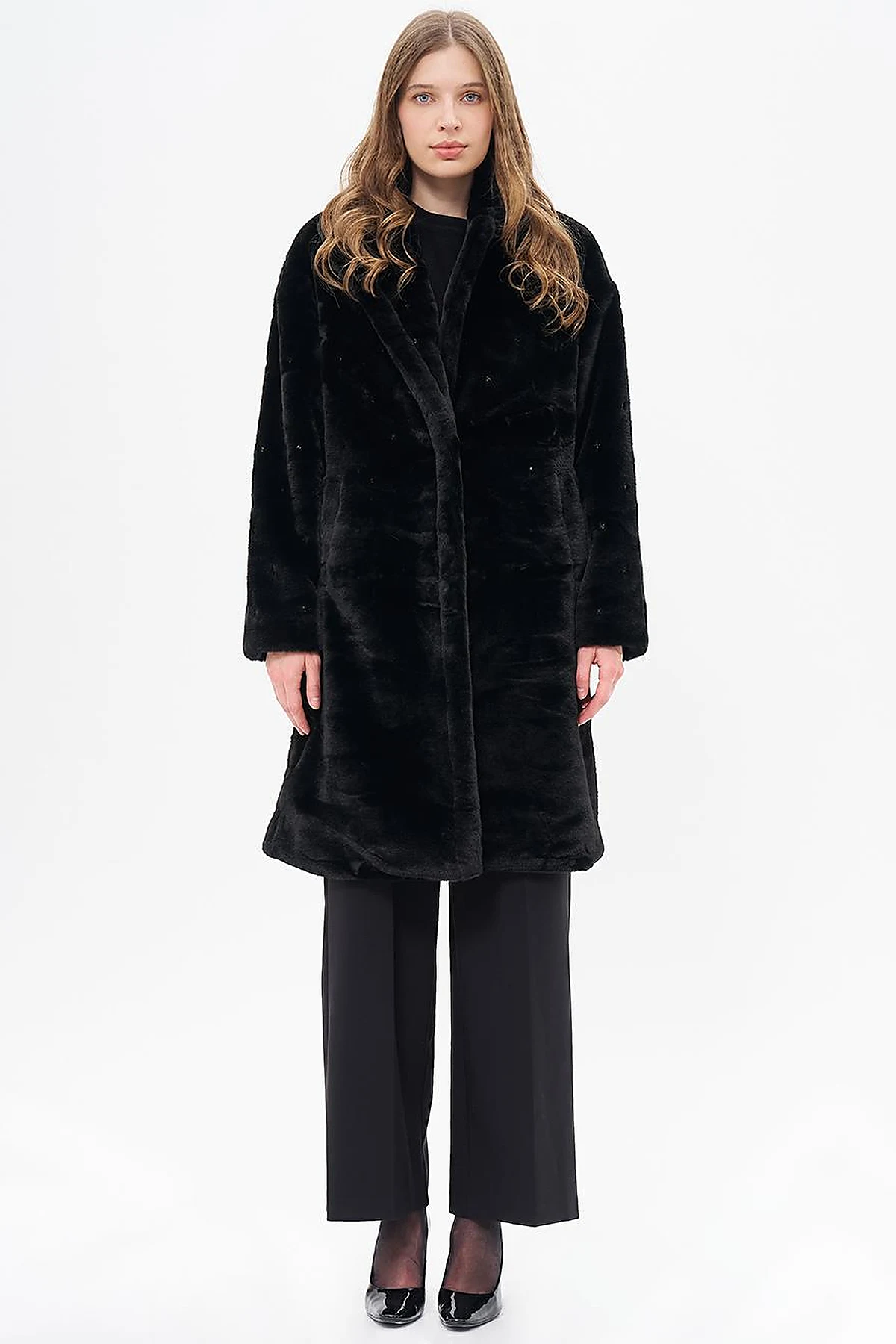 Stone Detailed Plush Coat Black 