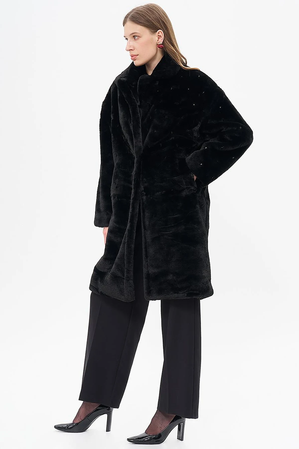 Stone Detailed Plush Coat Black 
