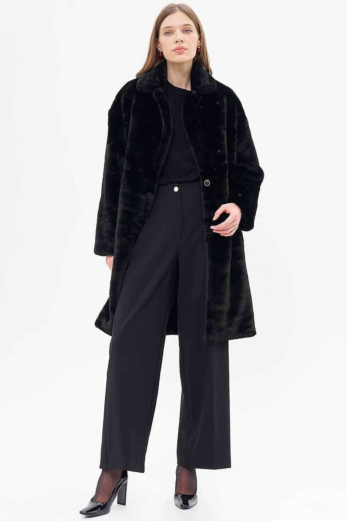 Stone Detailed Plush Coat Black 