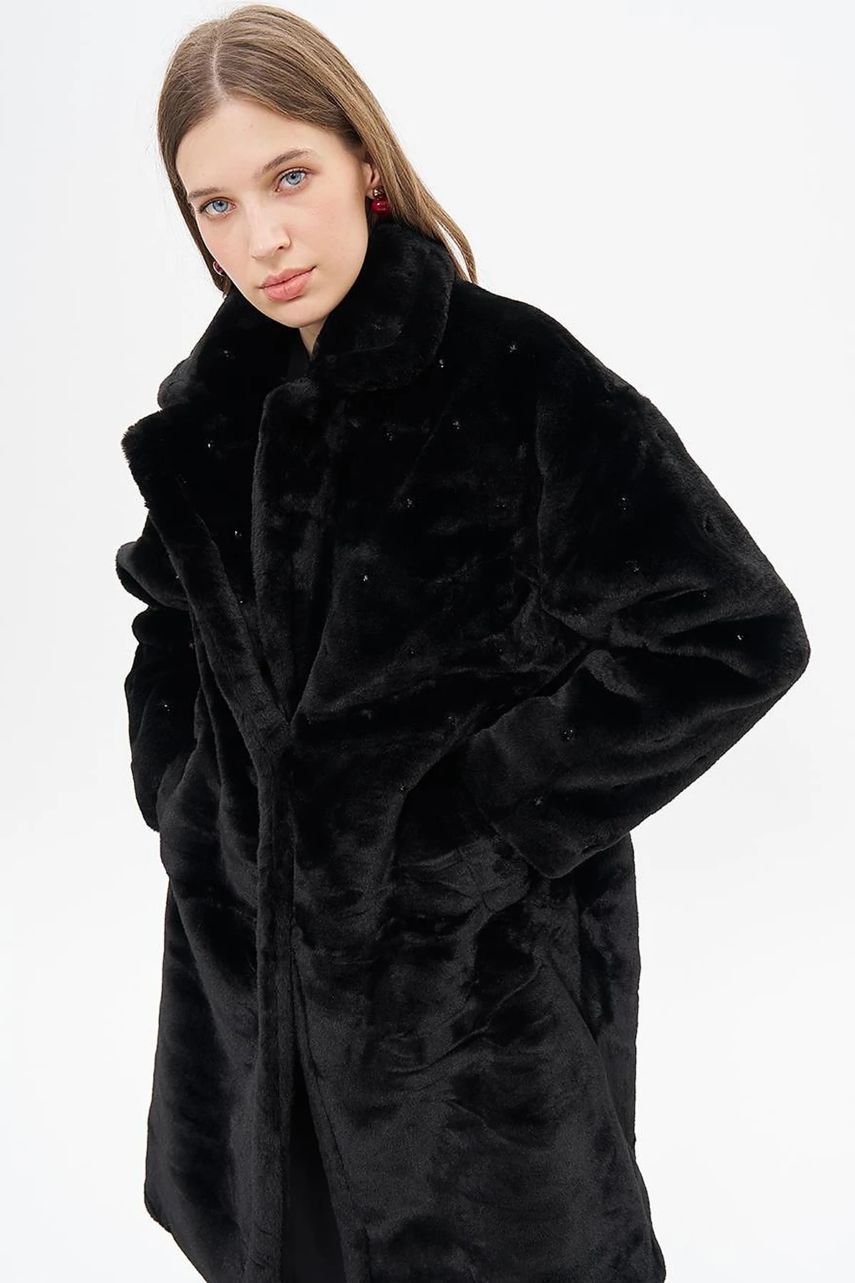 Stone Detailed Plush Coat Black 