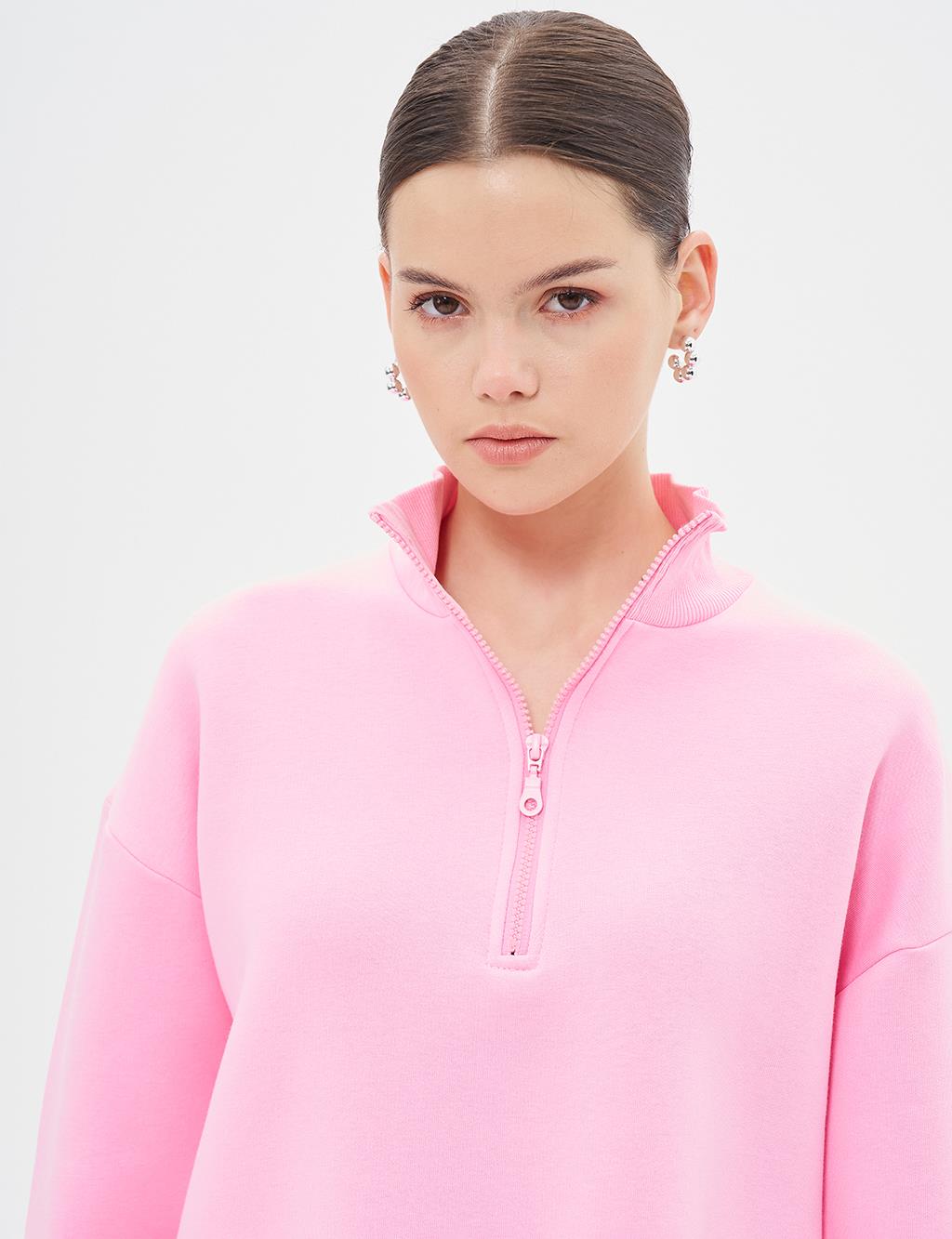 Düşük Omuz Fermuar Kapamalı Sweatshirt Pembe