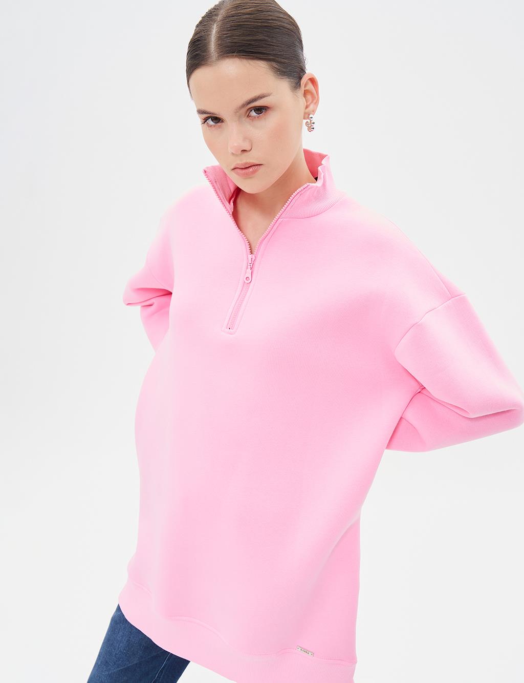 Düşük Omuz Fermuar Kapamalı Sweatshirt Pembe