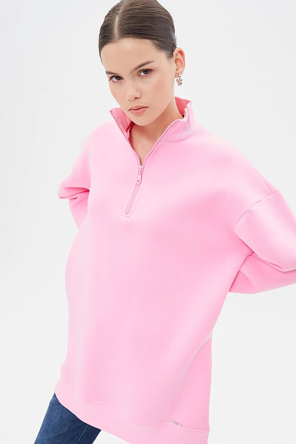 Drop-Shoulder Zip-Up Sweatshirt - Pink