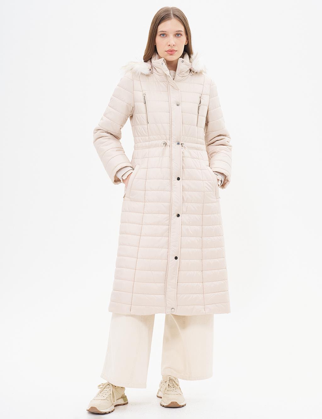 Diamond Patterned Faux Fur Anorak Coat Cream