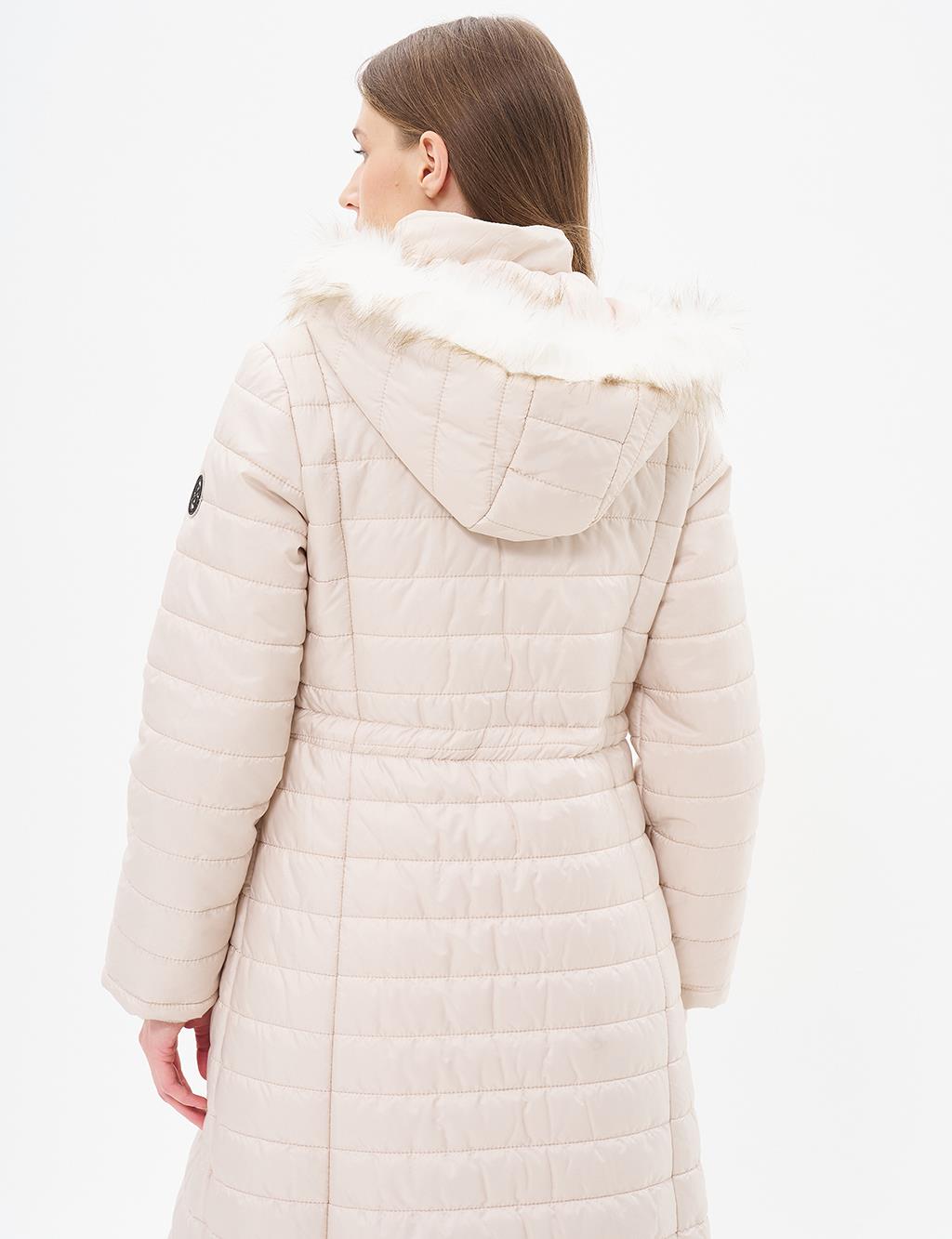 Diamond Patterned Faux Fur Anorak Coat Cream