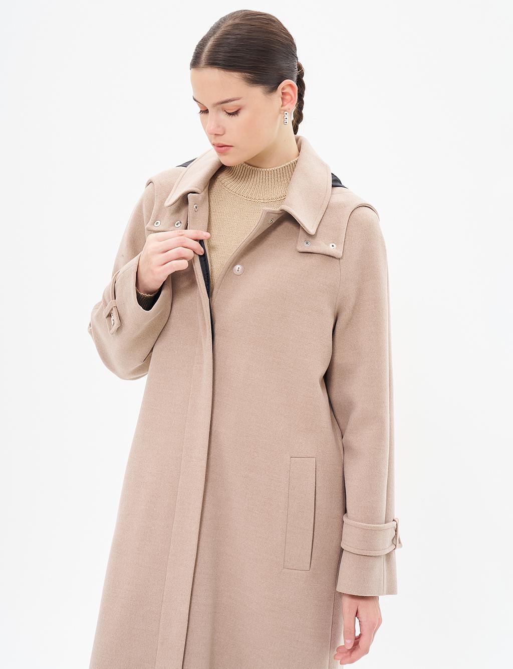 Hooded Cashew Coat Mink with Epaulettes on the Wrists 