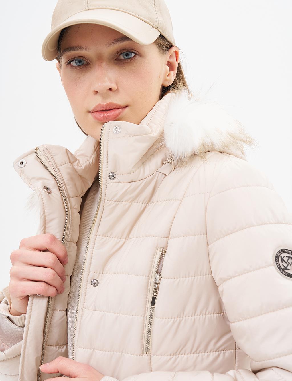 Diamond Patterned Faux Fur Anorak Coat Cream