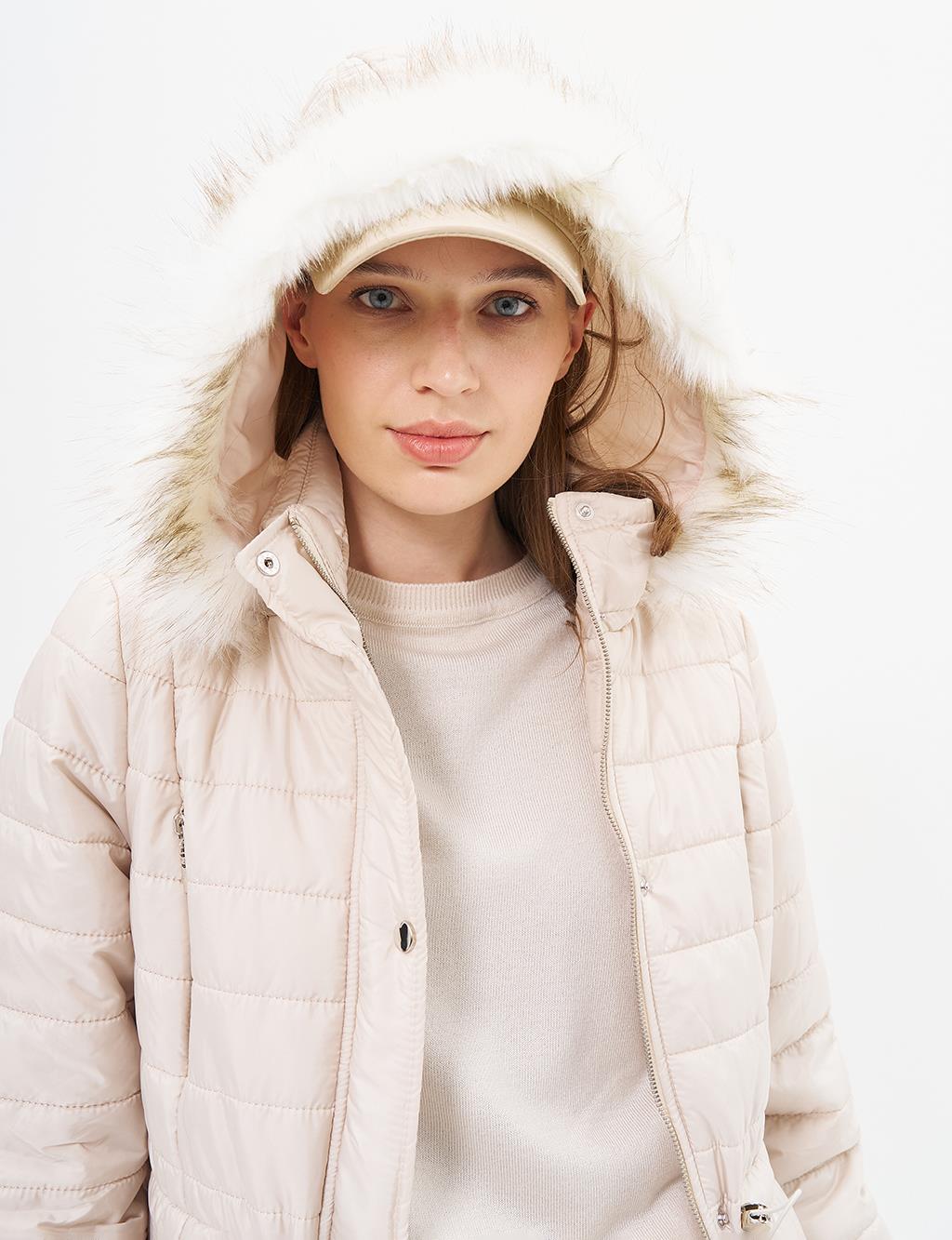 Diamond Patterned Faux Fur Anorak Coat Cream