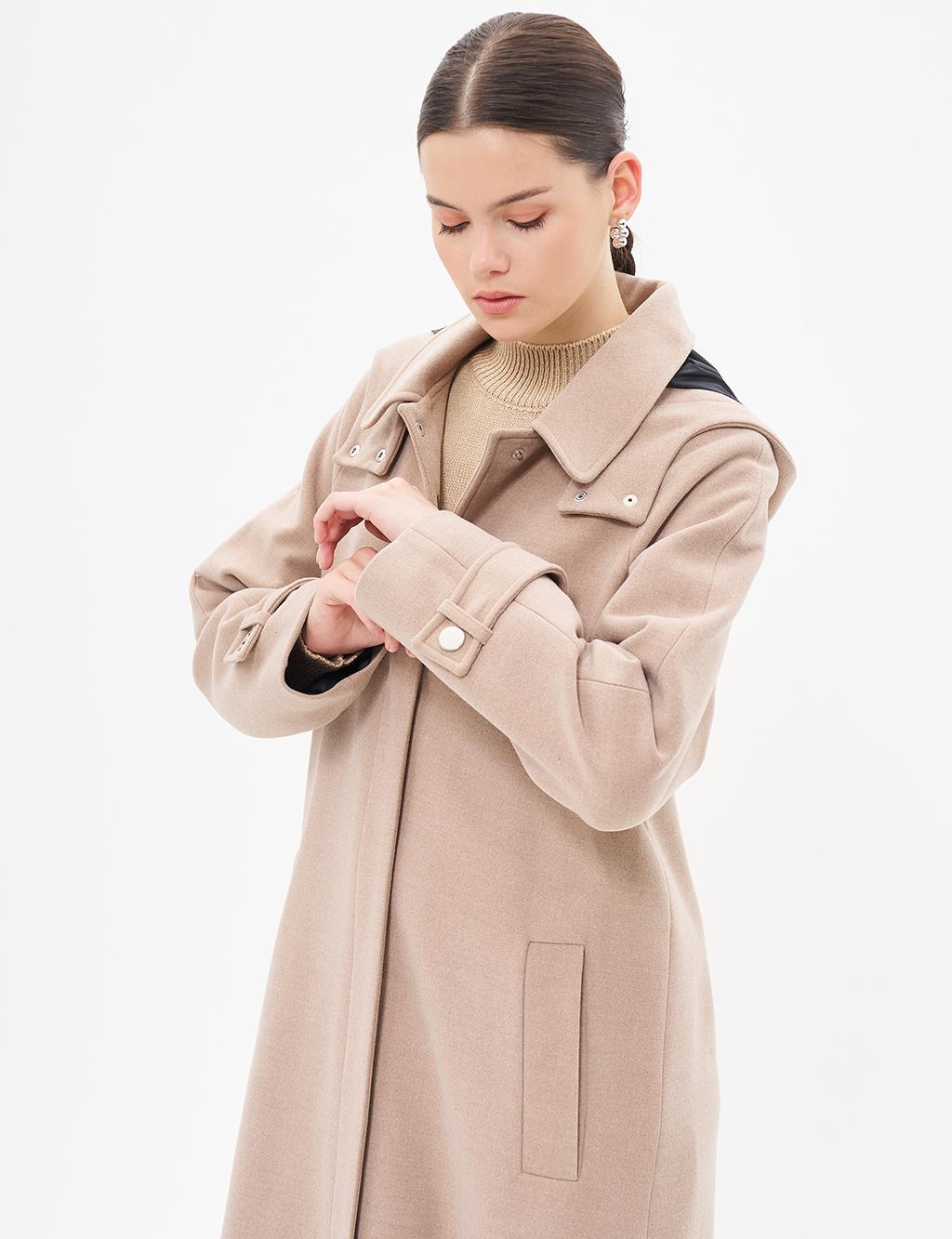 Hooded Cashew Coat Mink with Epaulettes on the Wrists 