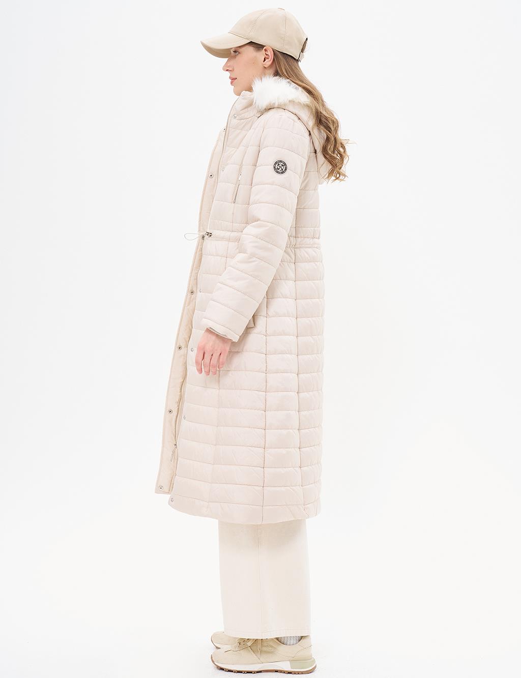 Diamond Patterned Faux Fur Anorak Coat Cream