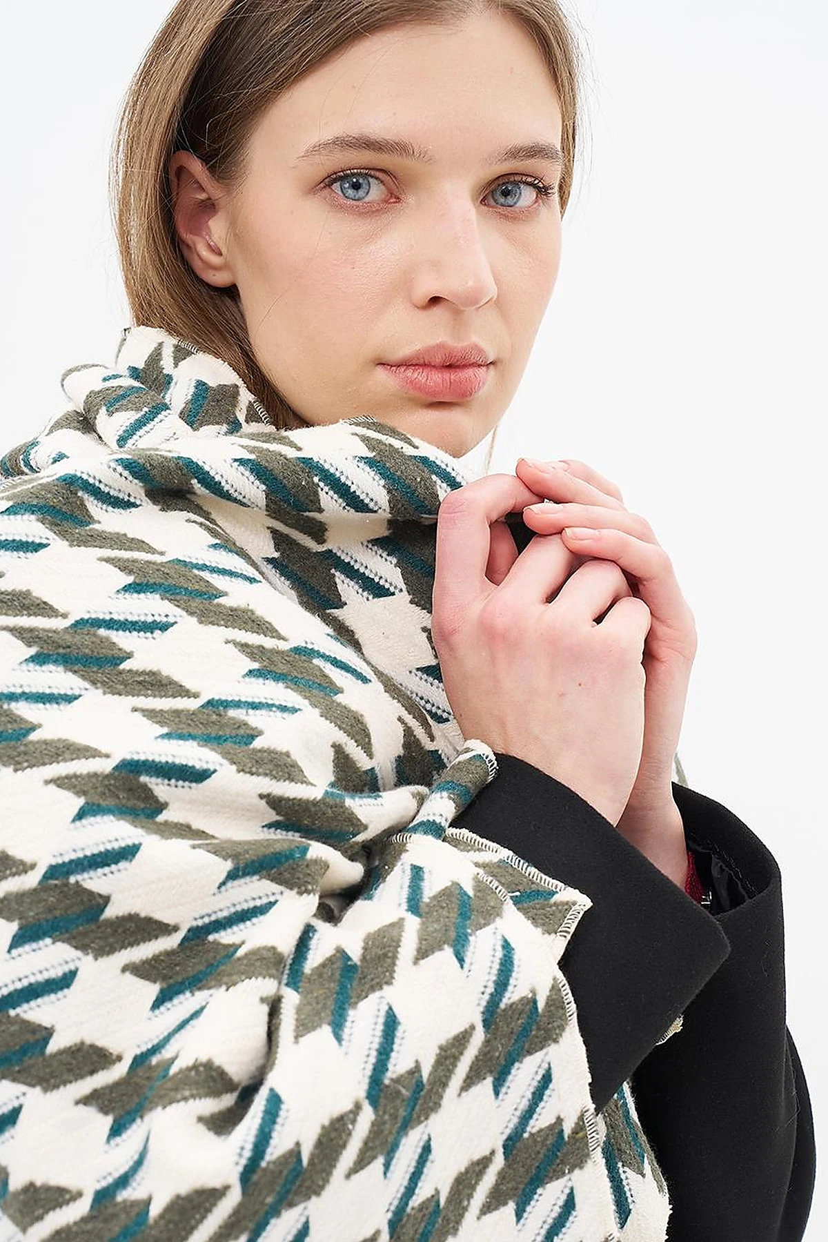 Houndstooth Patterned Scarf - Khaki-Ecru