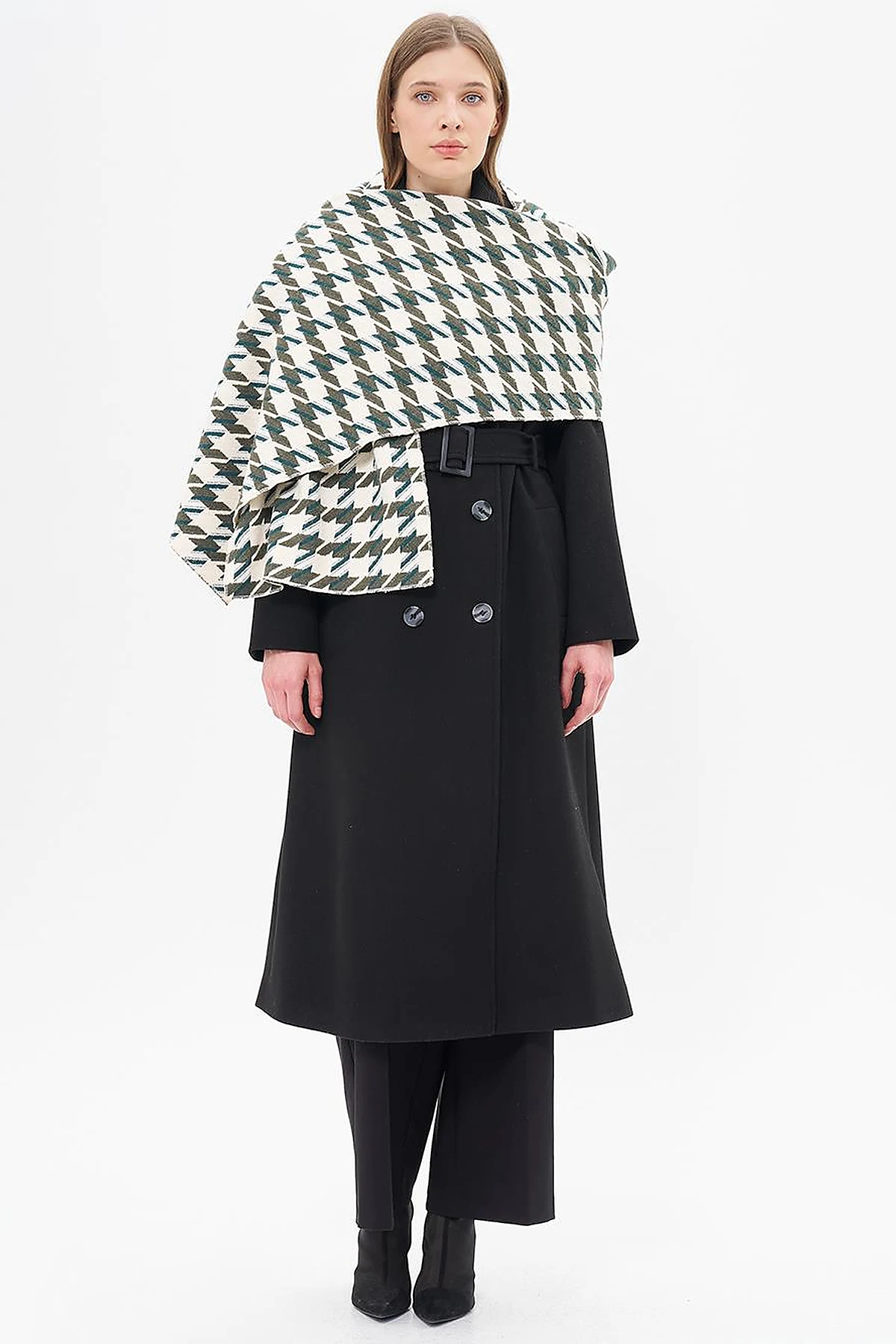 Houndstooth Patterned Scarf - Khaki-Ecru