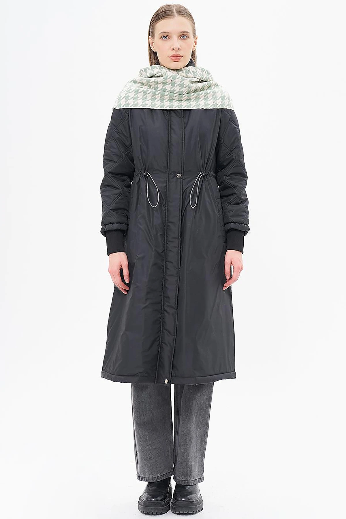 Houndstooth Patterned Scarf - Mint-Ecru