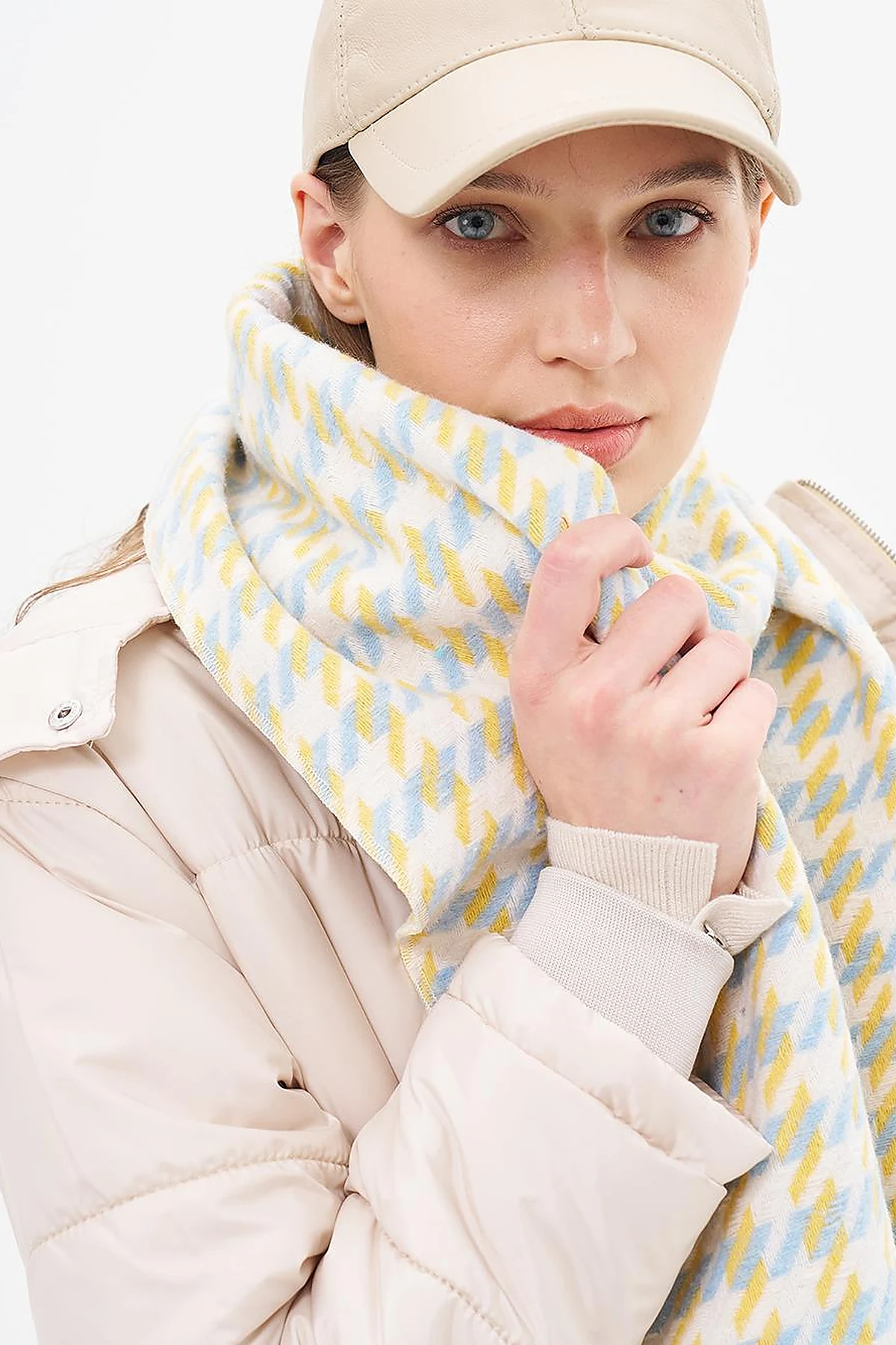 Houndstooth Patterned Scarf - Yellow-Light Blue