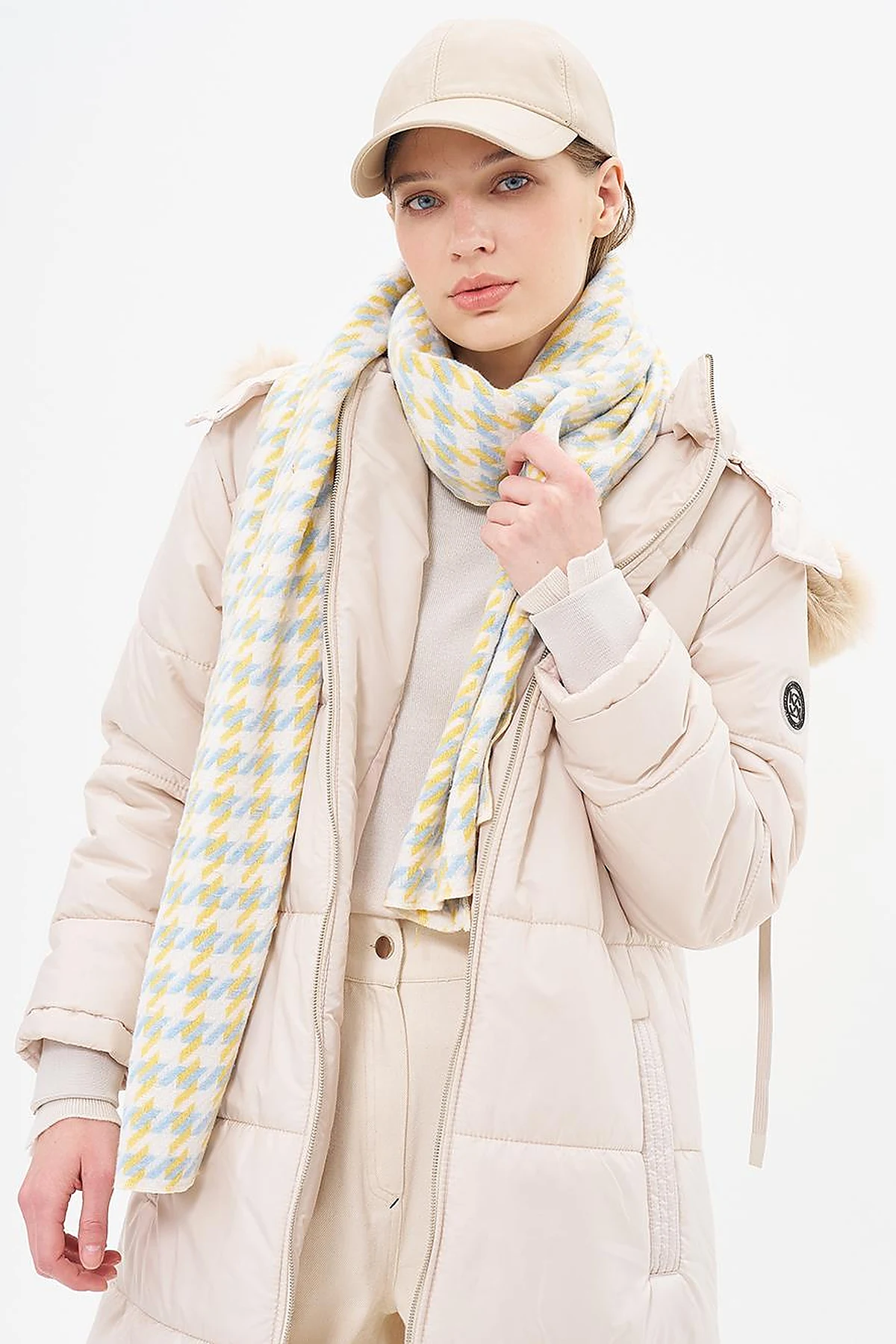 Houndstooth Patterned Scarf - Yellow-Light Blue