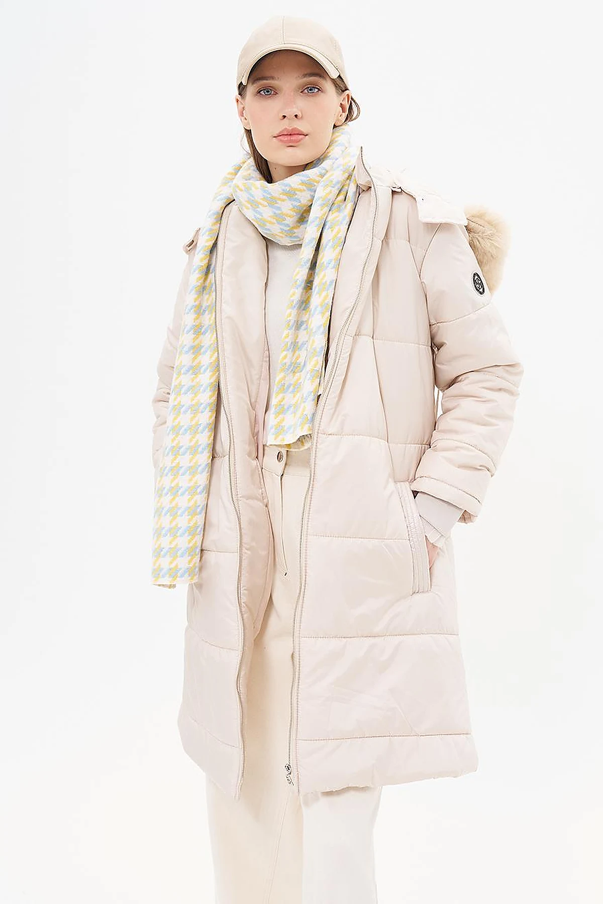 Houndstooth Patterned Scarf - Yellow-Light Blue
