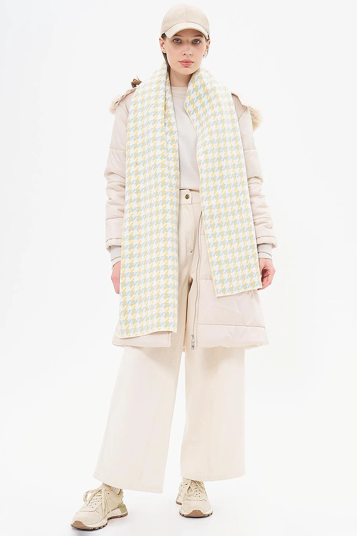 Houndstooth Patterned Scarf - Yellow-Light Blue