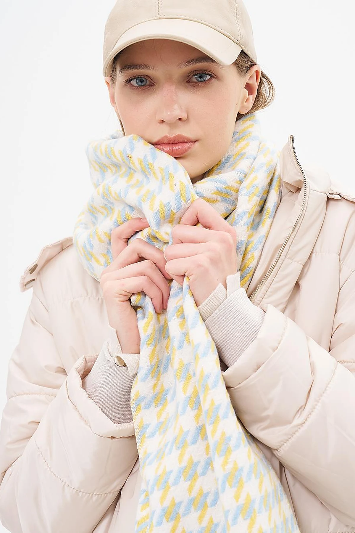 Houndstooth Patterned Scarf - Yellow-Light Blue